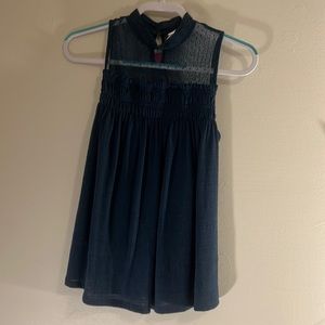 Blue sheer neckline dotted embroidery flowy dress tank